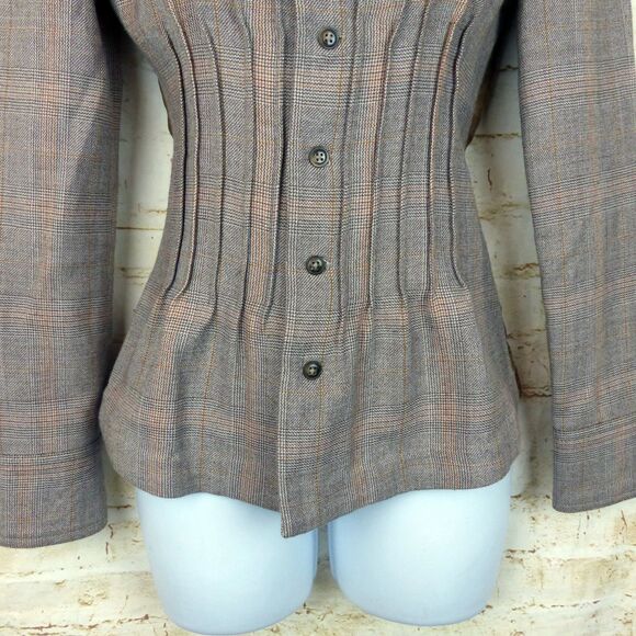 Free People Jacket Size 2 Brown Plaid Wool Button Pin Tuck Ruffle Back Military - Picture 12 of 13